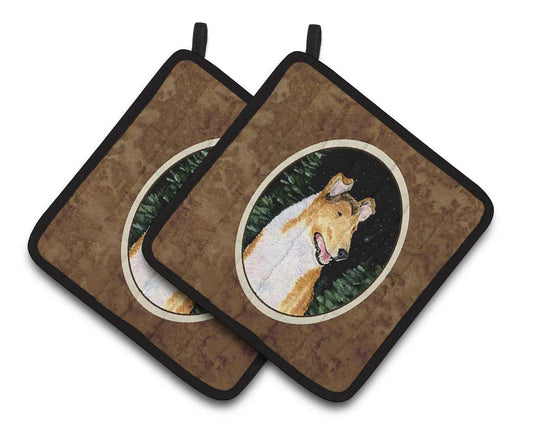 Pot Holder Set of 2 | Heat Resistant Quilted Hot Pads | 7.5 x 7.5 Inch | Starry Night Collie Smooth