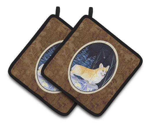 Pot Holder Set of 2 | Heat Resistant Quilted Hot Pads | 7.5 x 7.5 Inch | Starry Night Corgi