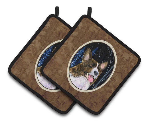 Pot Holder Set of 2 | Heat Resistant Quilted Hot Pads | 7.5 x 7.5 Inch | Starry Night Corgi (Style 2)