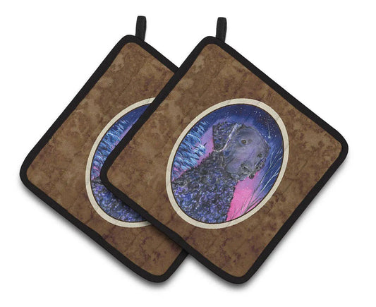Pot Holder Set of 2 | Heat Resistant Quilted Hot Pads | 7.5 x 7.5 Inch | Starry Night Curly Coated Retriever