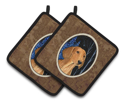 Pot Holder Set of 2 | Heat Resistant Quilted Hot Pads | 7.5 x 7.5 Inch | Starry Night Dachshund