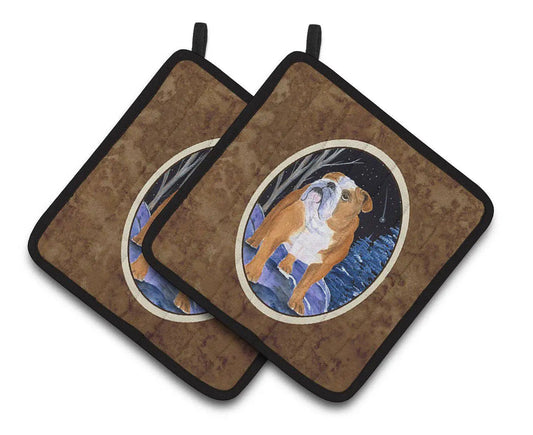 Pot Holder Set of 2 | Heat Resistant Quilted Hot Pads | 7.5 x 7.5 Inch | Starry Night English Bulldog (Style 2)