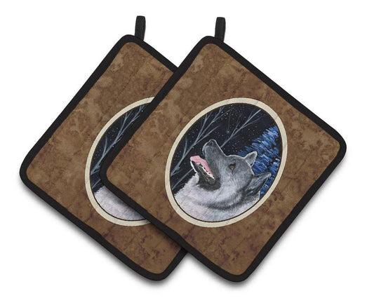 Pot Holder Set of 2 | Heat Resistant Quilted Hot Pads | 7.5 x 7.5 Inch | Starry Night Norwegian Elkhound