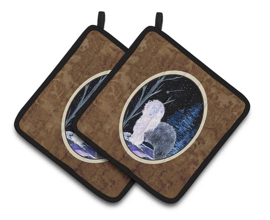 Pot Holder Set of 2 | Heat Resistant Quilted Hot Pads | 7.5 x 7.5 Inch | Starry Night Old English Sheepdog (Style 2)