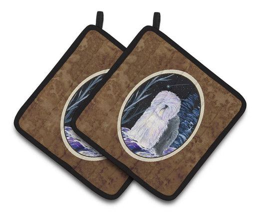 Pot Holder Set of 2 | Heat Resistant Quilted Hot Pads | 7.5 x 7.5 Inch | Starry Night Old English Sheepdog (Style 3)