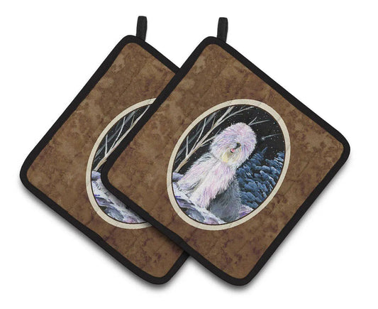 Pot Holder Set of 2 | Heat Resistant Quilted Hot Pads | 7.5 x 7.5 Inch | Starry Night Old English Sheepdog (Style 4)