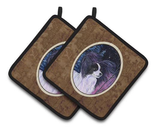 Pot Holder Set of 2 | Heat Resistant Quilted Hot Pads | 7.5 x 7.5 Inch | Starry Night Papillon (Style 2)