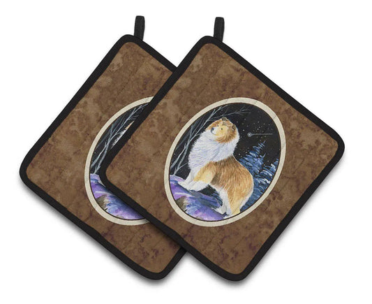 Pot Holder Set of 2 | Heat Resistant Quilted Hot Pads | 7.5 x 7.5 Inch | Starry Night Sheltie