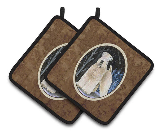 Pot Holder Set of 2 | Heat Resistant Quilted Hot Pads | 7.5 x 7.5 Inch | Starry Night Wheaten Terrier Soft Coated