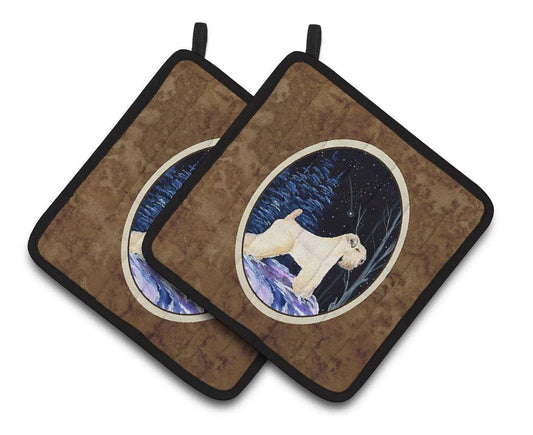 Pot Holder Set of 2 | Heat Resistant Quilted Hot Pads | 7.5 x 7.5 Inch | Starry Night Wheaten Terrier Soft Coated (Style 2)