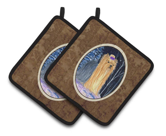 Pot Holder Set of 2 | Heat Resistant Quilted Hot Pads | 7.5 x 7.5 Inch | Starry Night Yorkie