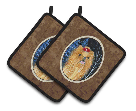 Pot Holder Set of 2 | Heat Resistant Quilted Hot Pads | 7.5 x 7.5 Inch | Starry Night Yorkie (Style 2)