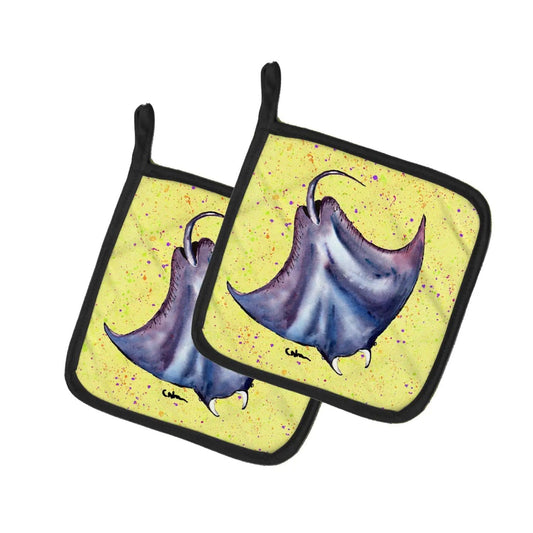 Pot Holder Set of 2 | Heat Resistant Quilted Hot Pads | 7.5 x 7.5 Inch | Stingray on Yellow