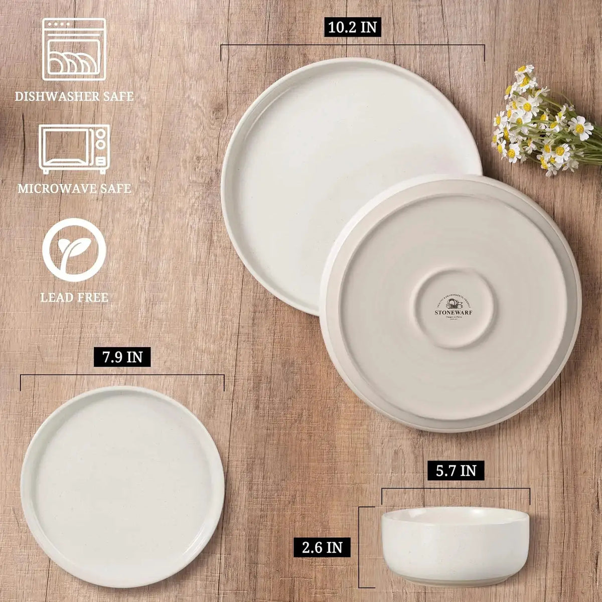 Stoneware Dinnerware Sets, 12-Piece Plates and Bowls Set for 4, Dishes Set for Home Restaurant, Speckled Milky White from PriceLows™