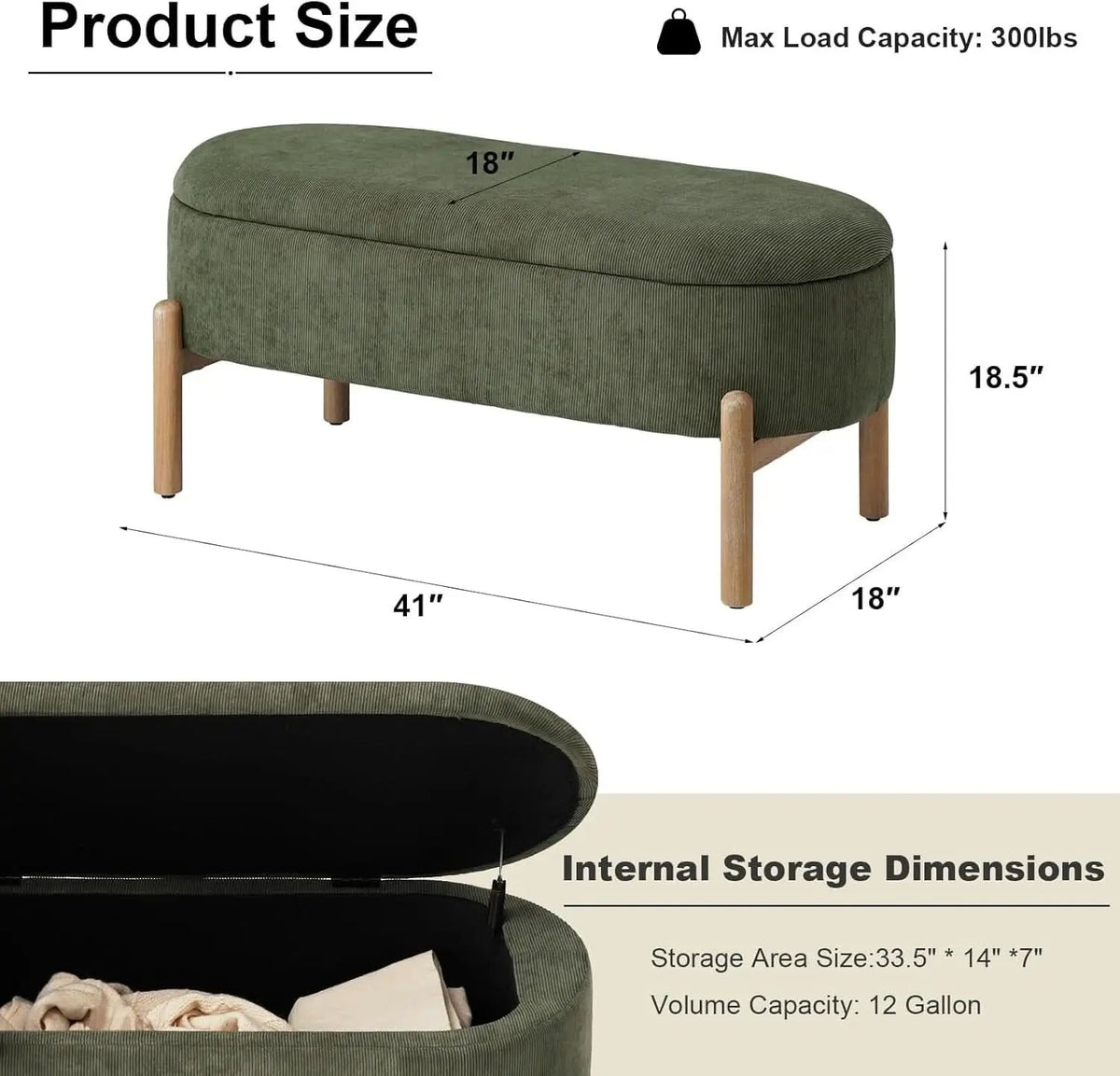 Green Oversized Storage Solution Bench Ottoman Bedroom from PriceLows™