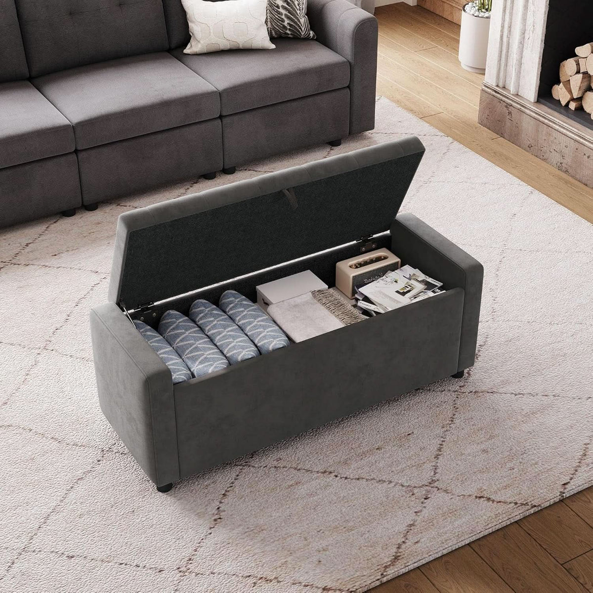 50 Inch Grey Luxurious Upholstered Storage Ottoman from PriceLows™