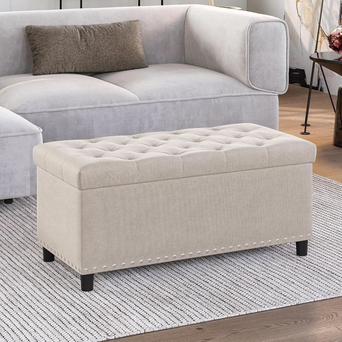 Rectangular Thirty Five Inch Beige Tufted Storage Ottoman Upholstered from PriceLows™