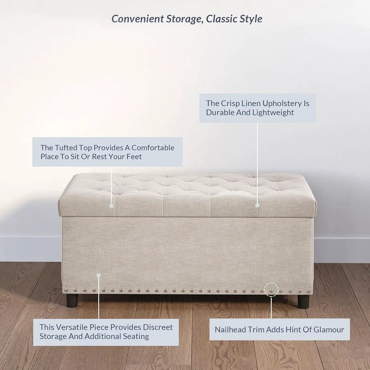 Rectangular Thirty Five Inch Beige Tufted Storage Ottoman Upholstered from PriceLows™