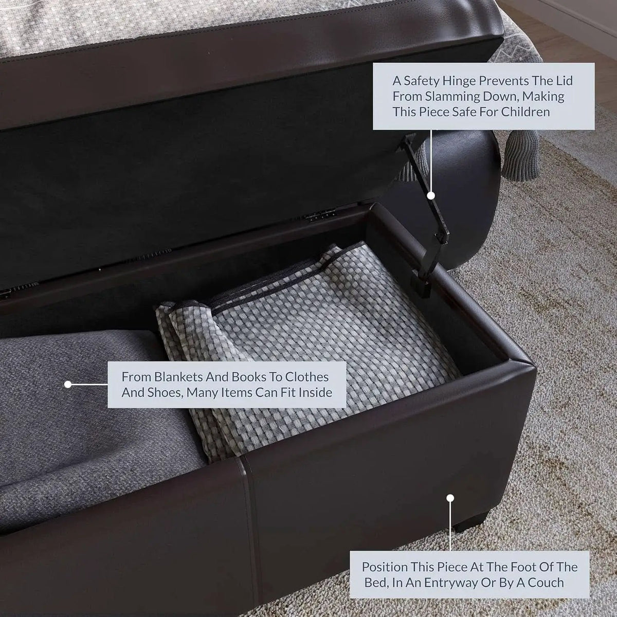 47 Inch DarkBrown Leatherette Storage Ottoman Bench from PriceLows™