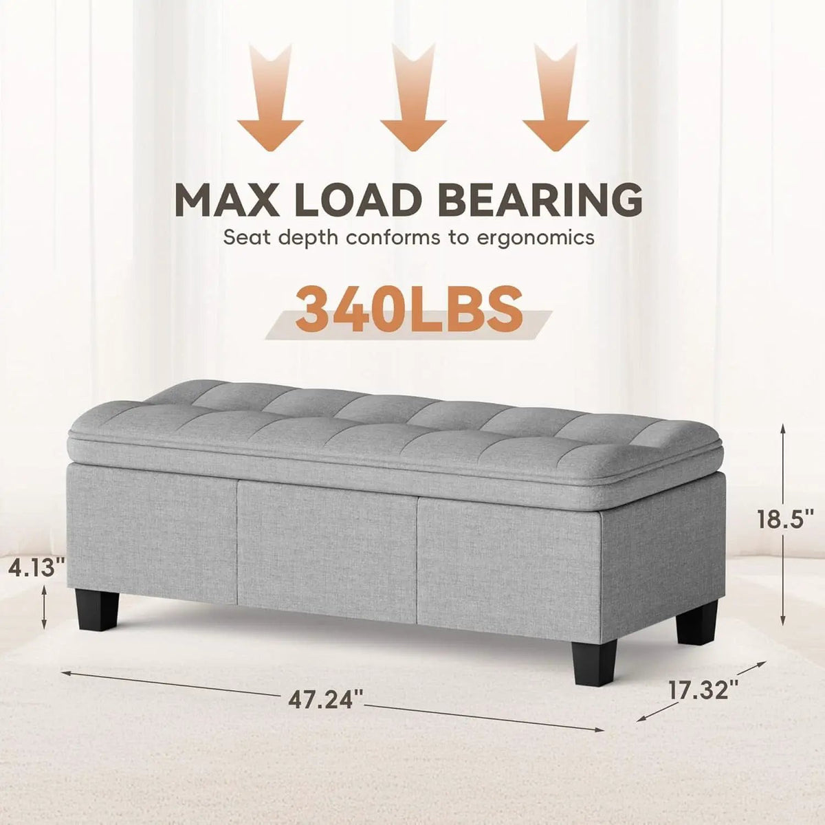 Forty Seven Inch Storage Ottoman Bench Linen Gray Fabric from PriceLows™