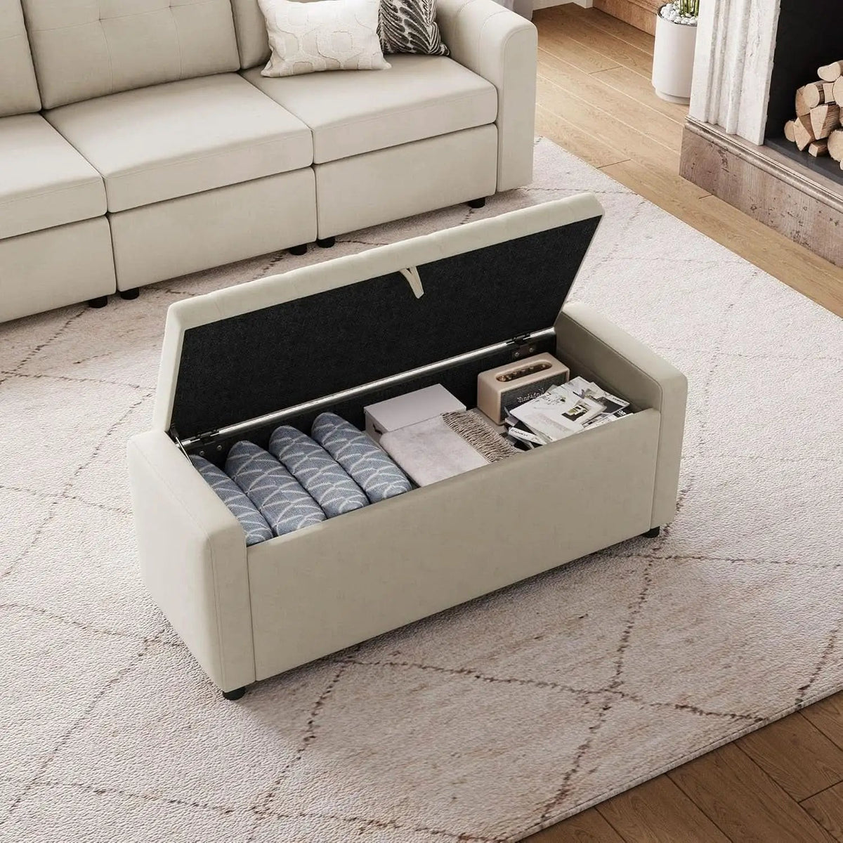 Fifty Inch Upholstered Storage Ottoman Bench Beige from PriceLows™