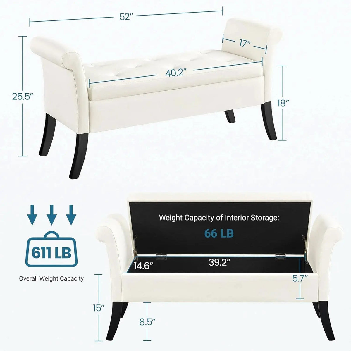 Fifty TwoInches Durable White Upholstered Storage Ottoman Bench from PriceLows™