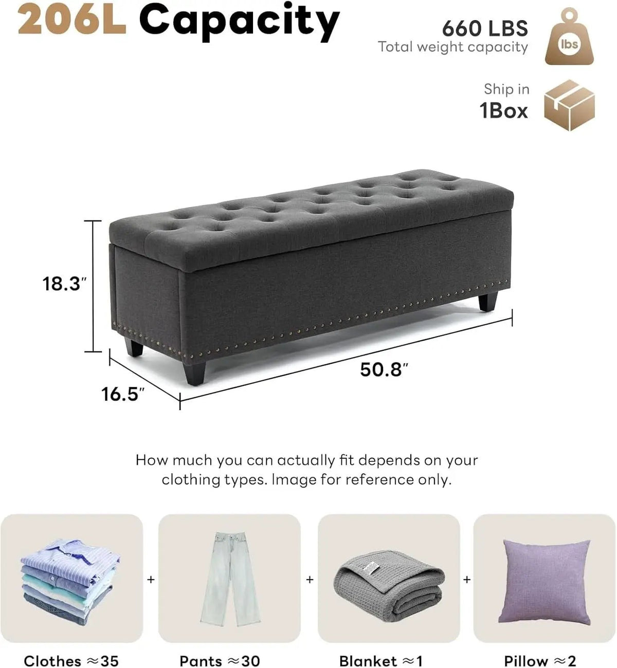50.8 Inches Gray Upholstered Storage Ottoman Bench from PriceLows™