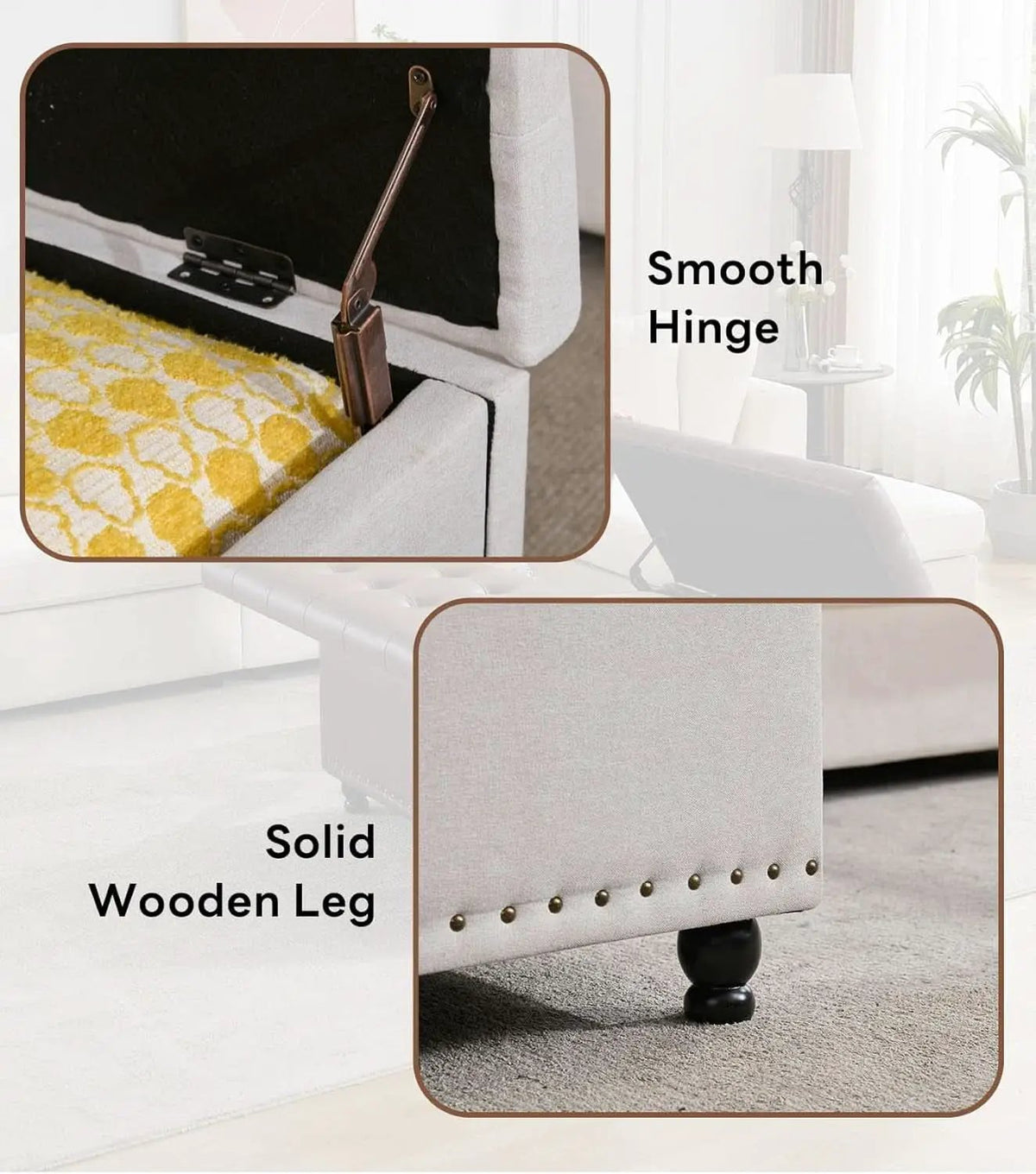 Storage Ottoman | Lift-Top With Hidden Storage, Oversized Beige Upholstery | 35.5 x 35.5 in