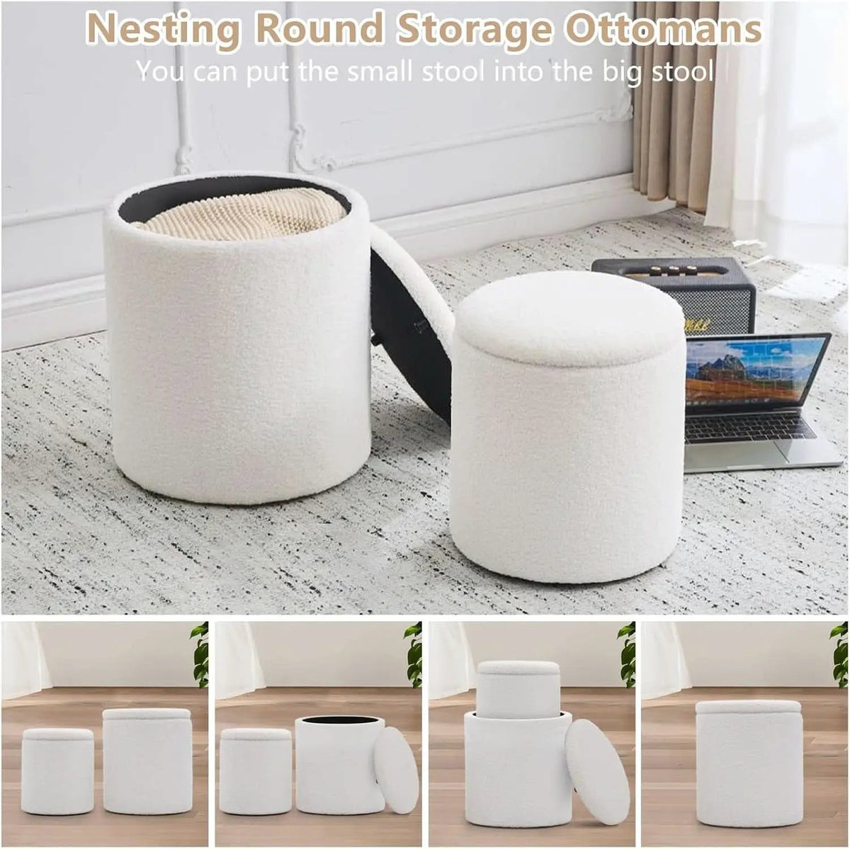 White Round Boucle Velvet Upholstered Storage Ottoman from PriceLows™