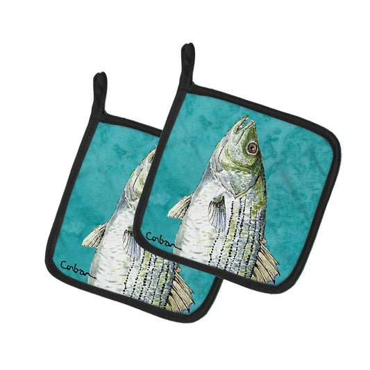 Pot Holder Set of 2 | Heat Resistant Quilted Hot Pads | 7.5 x 7.5 Inch | Striped Bass Fish