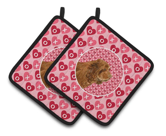 Pot Holder Set of 2 | Heat Resistant Quilted Hot Pads | 7.5 x 7.5 Inch | Sussex Spaniel Hearts Love Valentine's Day