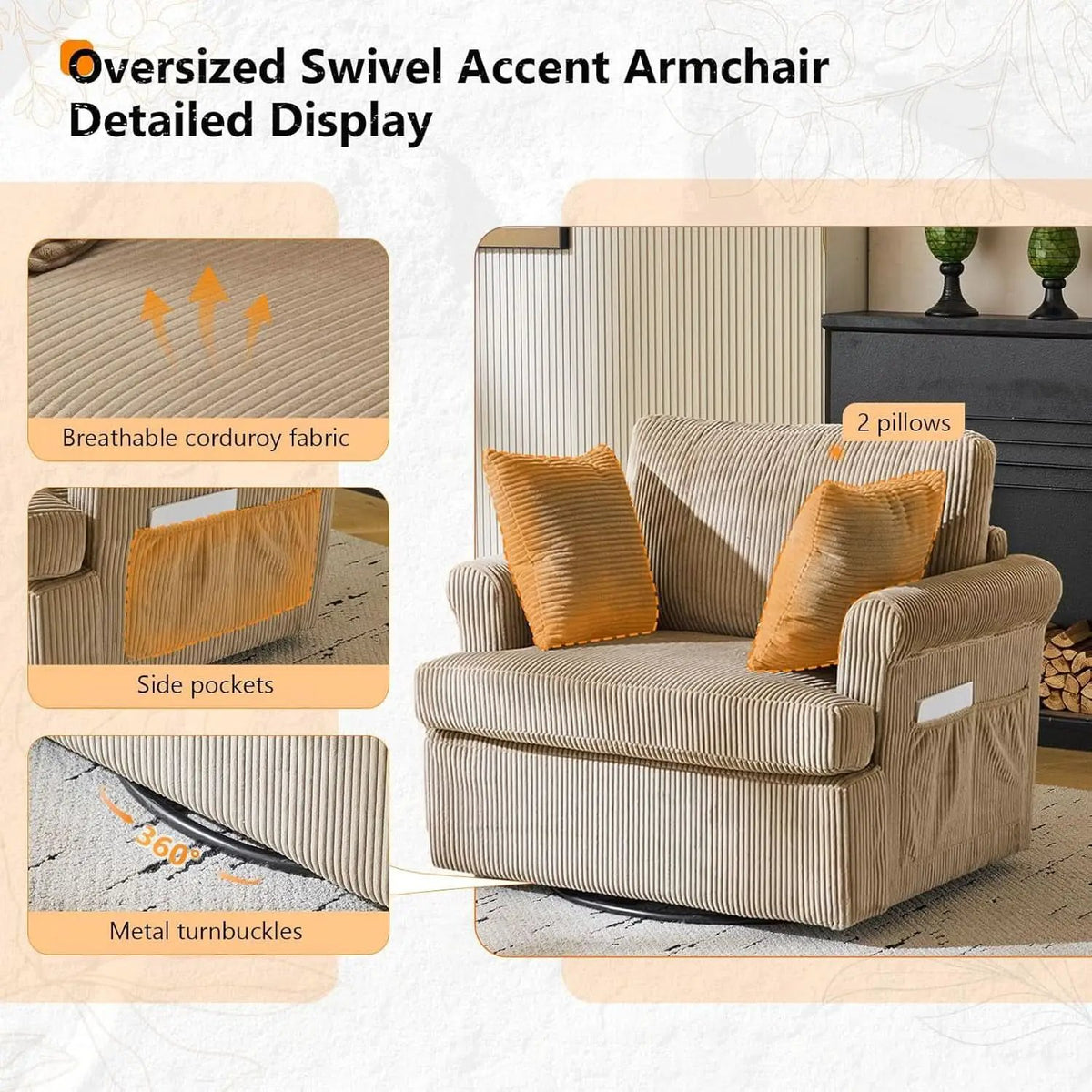 Vingl Modern 39.2Inch ExtraWide Swivel Armchair Khaki from PriceLows™