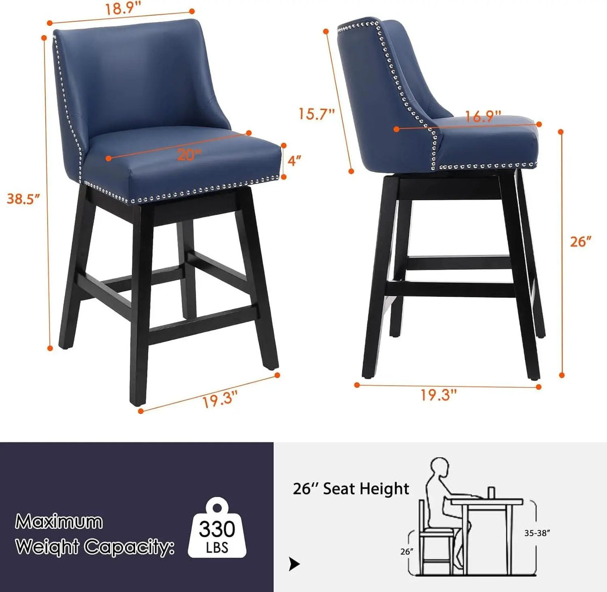 Swivel Bar Stools 26 Inch Counter Height Blue Faux Leather from PriceLows™