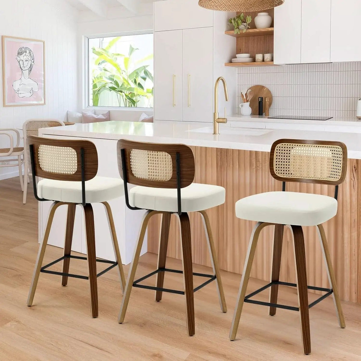 Swivel Counter Height Bar Stools Set of 4 Cream Upholstered Rattan Back from PriceLows™