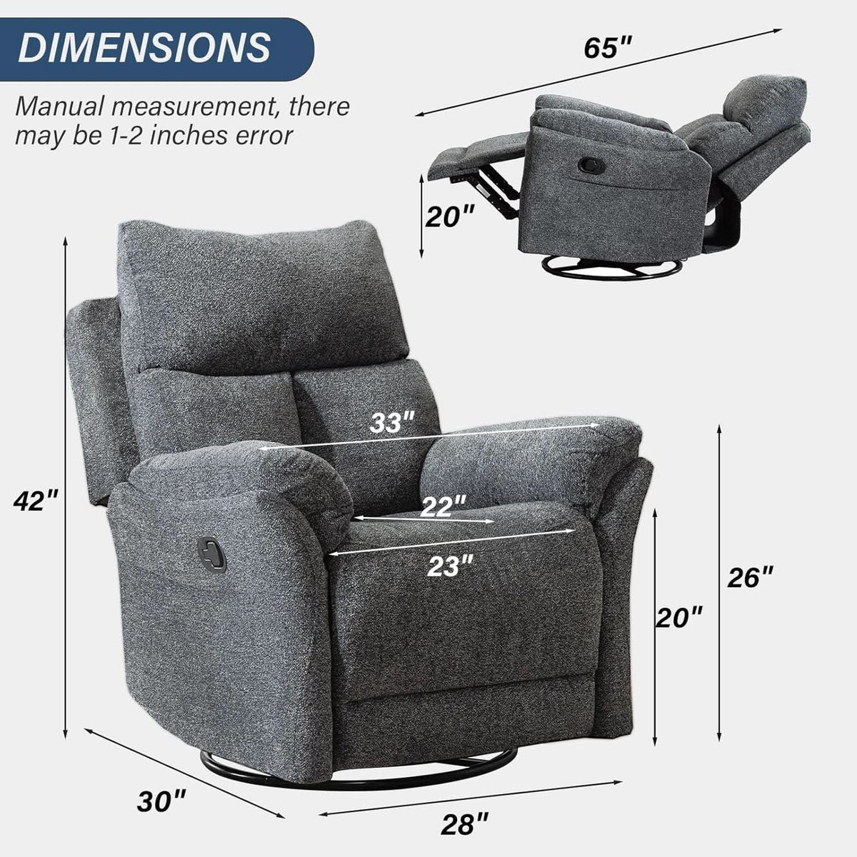 Swivel Rocker Recliner Chair Gray Fabric For Small Spaces from PriceLows™