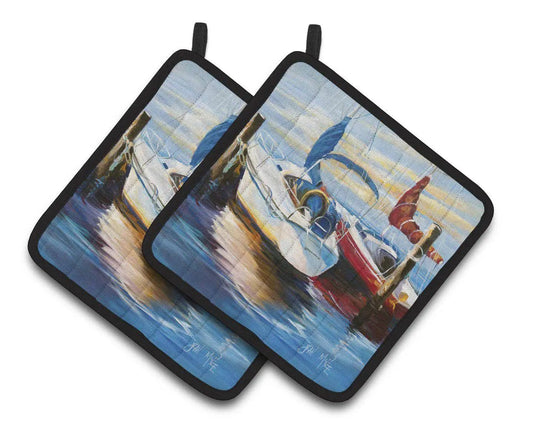 Pot Holder Set of 2 | Heat Resistant Quilted Hot Pads | 7.5 x 7.5 Inch | Symmetry Sailboats