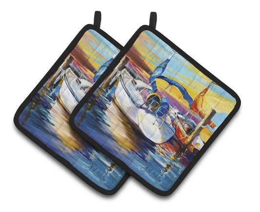 Pot Holder Set of 2 | Heat Resistant Quilted Hot Pads | 7.5 x 7.5 Inch | Symmetry again Sailboats