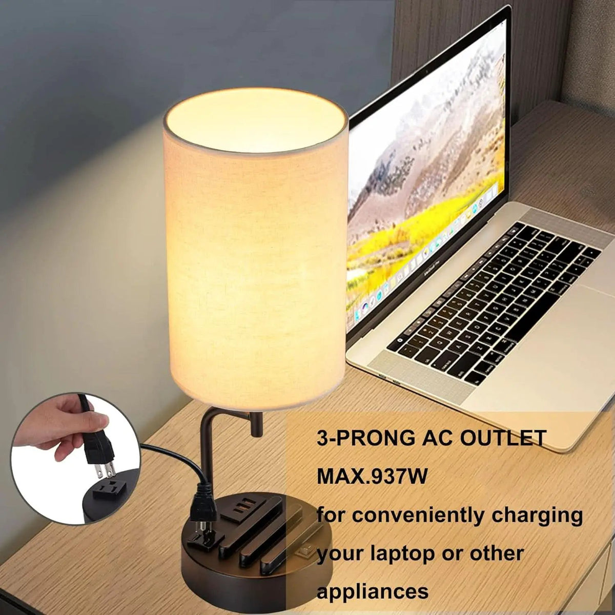 Table Lamp With 3 USB Ports And AC Outlet For Bedroom from PriceLows™