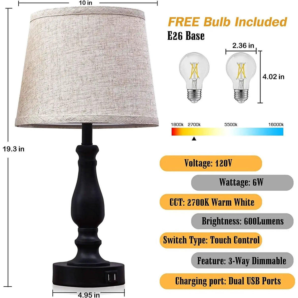 Table Lamps Set of 2 With USB Charging Ports Bedside Modern from PriceLows™