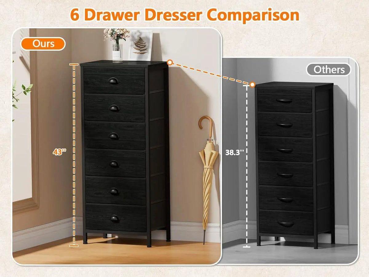 Tall Dresser With 6 Drawers Black Vertical Nightstand from PriceLows™