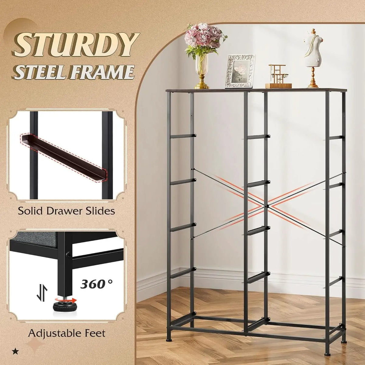 Tall Fabric Dresser With 10 Drawers Dark Grey Metal Frame from PriceLows™