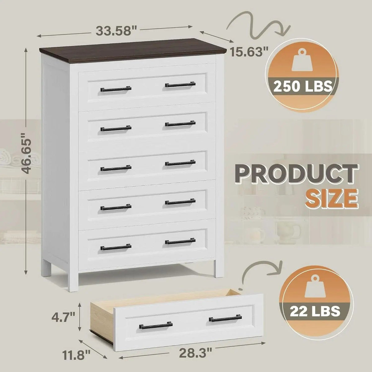 Tall White ChestOfDrawers With Five Drawers WalnutBrown from PriceLows™