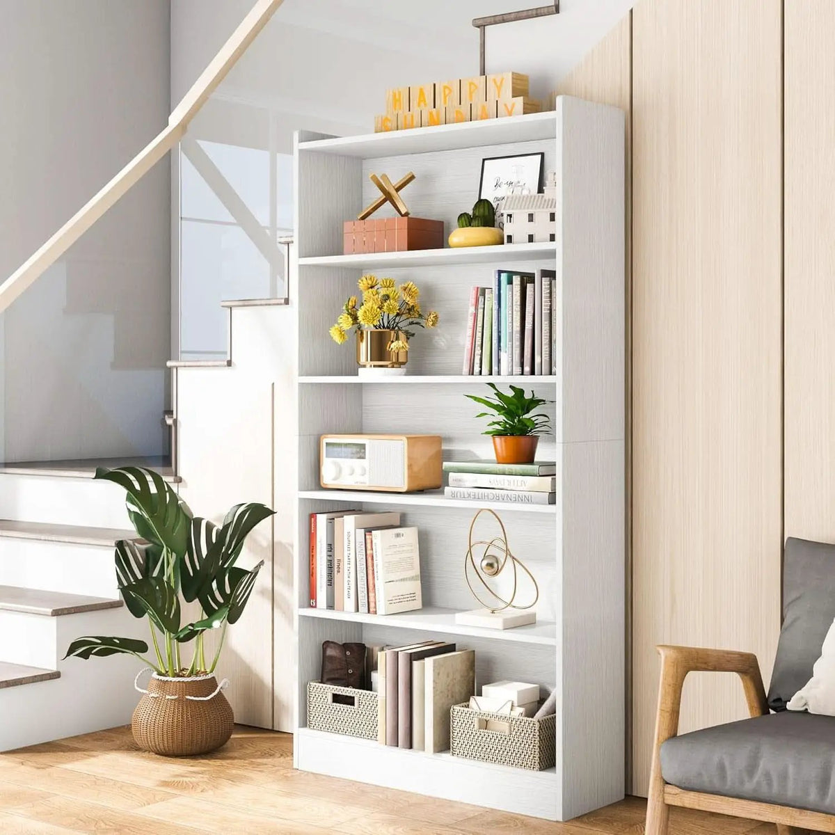 Tall White Six Tier Bookcase 72 Inches Contemporary Wood from PriceLows™