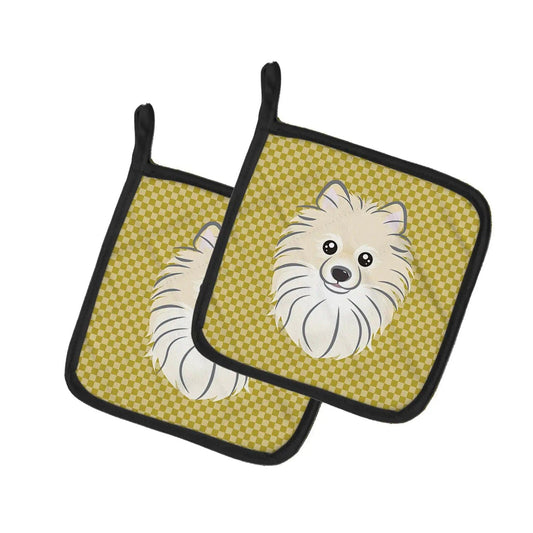 Pot Holder Set of 2 | Heat Resistant Quilted Hot Pads | 7.5 x 7.5 Inch | Tan Checkered Pomeranian