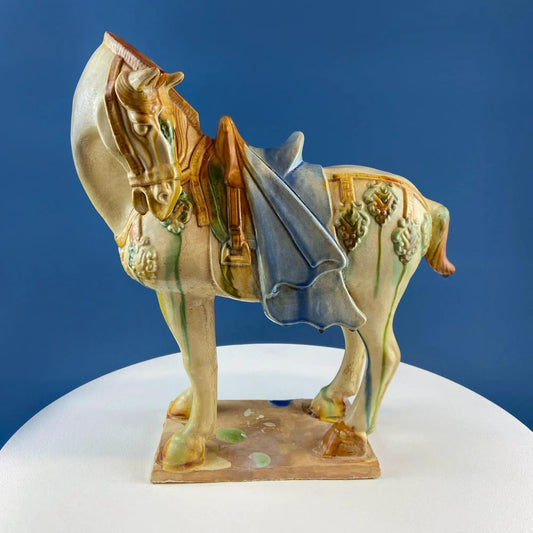 16.5" Tang Dynasty Like Ceramic War Horse | Chinese Sancai 3 Color Streaked Glaze | Collectible Animal Figurine | Gift for Him