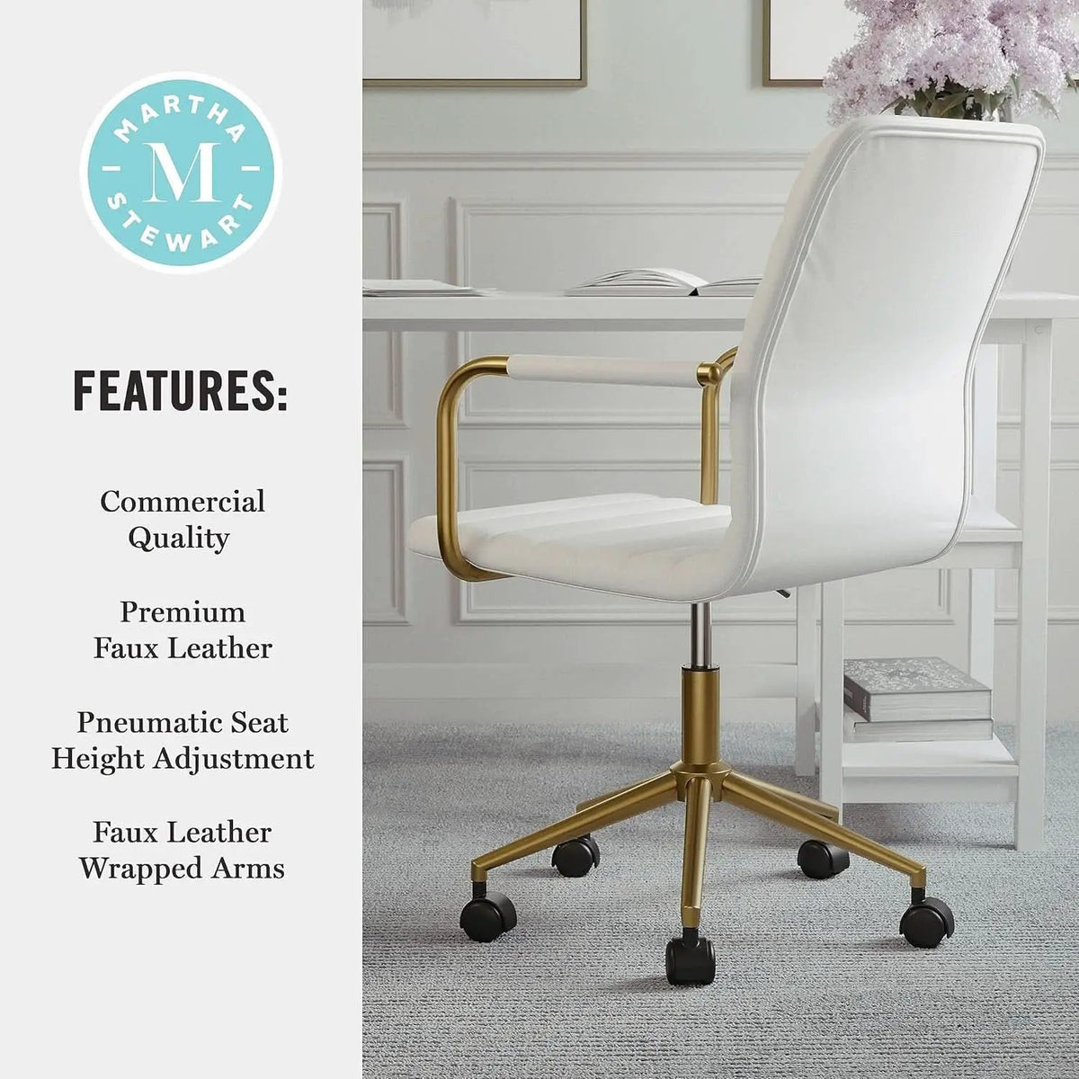 Taytum Swivel Task Chair White Faux Leather Brass Frame from PriceLows™