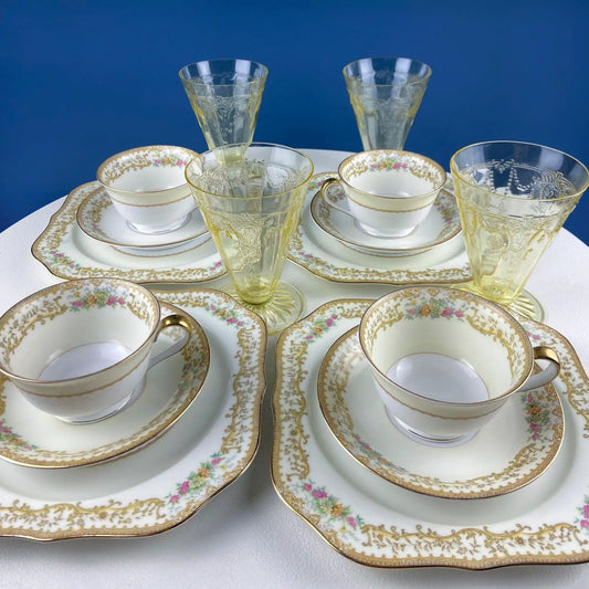 Tea Coffee Serving Set by Noritake, Elvira | 4 Porcelain Cups & Saucers, 4 Square Dessert Salad Plates | Hosting Essentials | Collectors & Hosts