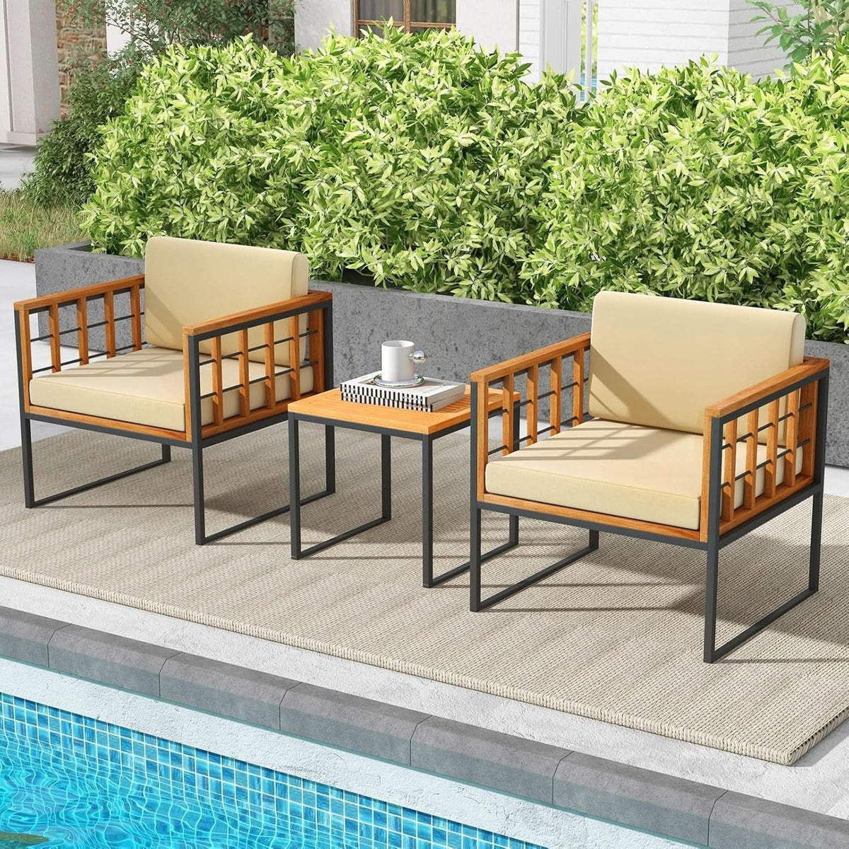 Three Piece Acacia Wood Patio Chair Set With Cushioned Seats For Balcony Porch And Backyard Beige from PriceLows™