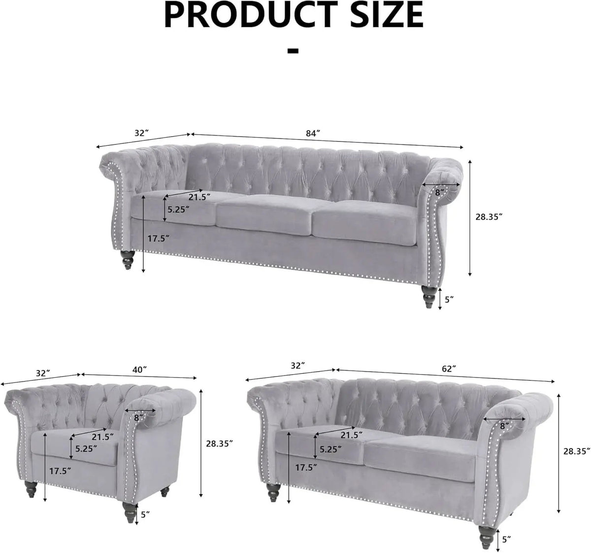Three Piece Living Room Sofa Set Grey Velvet Chesterfield Sofa Club Chair Loveseat Nailhead Trim from PriceLows™