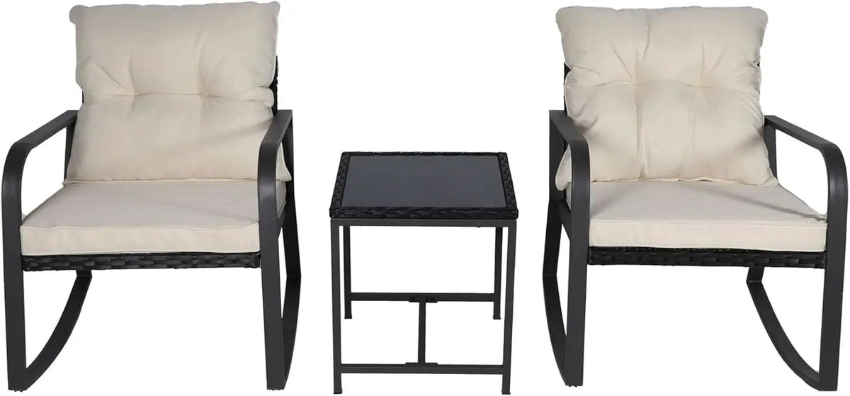 Three Piece Patio Bistro Set With Rocking Chairs And Cushions Beige Outdoor Garden Furniture from PriceLows™
